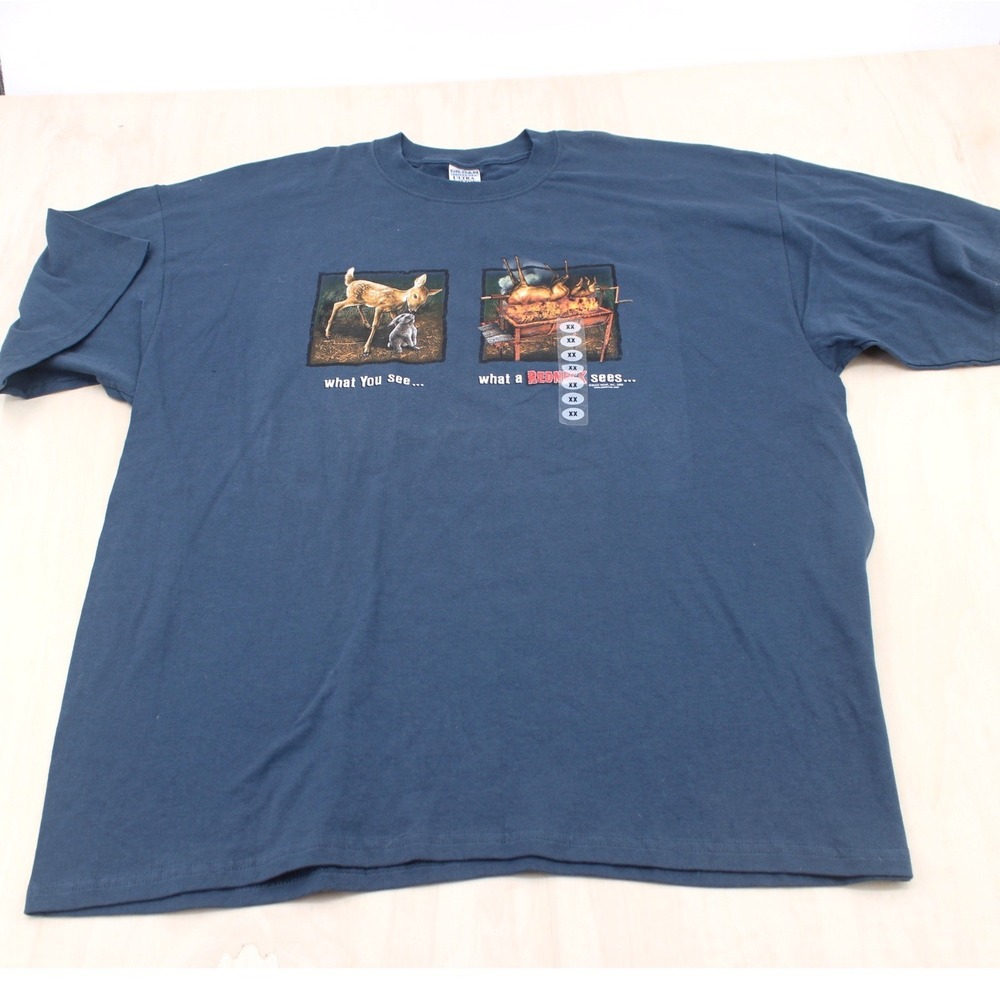Mens Vtg 2000s Graphic T-Shirt Blue Hunting Humor Redneck Buck Wear Gildan 2XL